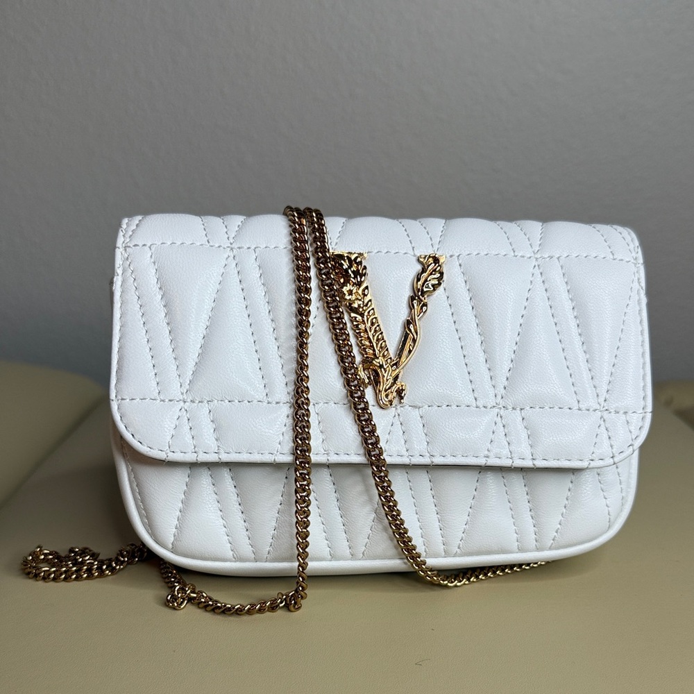 Versace White Quilted Clutch with Gold Accent